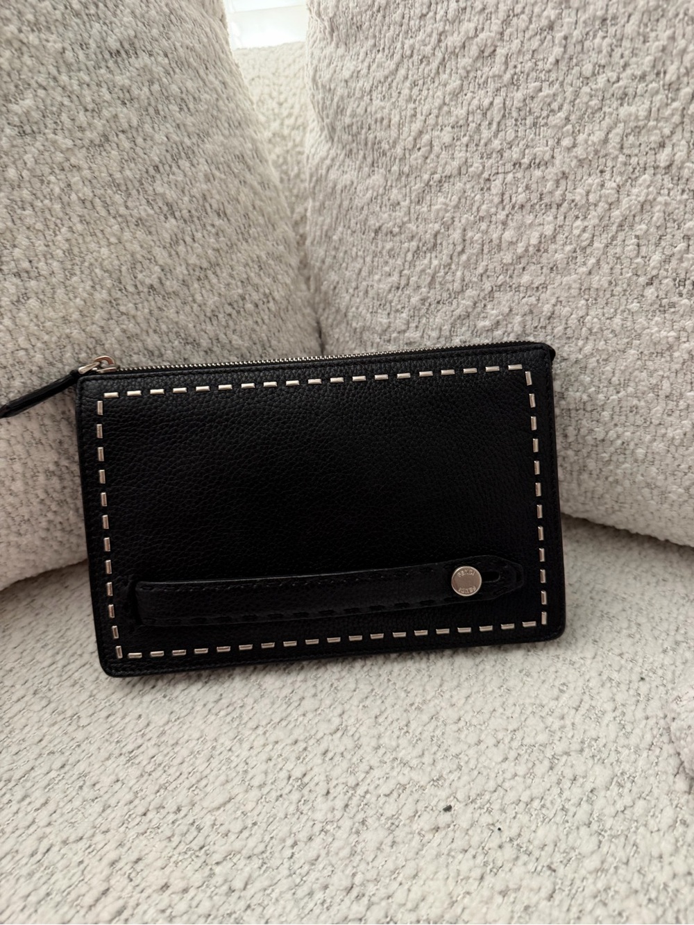 Fendi Black Leather Wristlet Clutch with Contrast Stitch